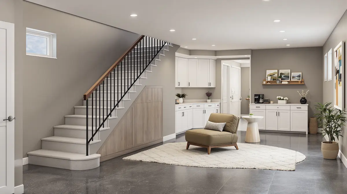 Bay Area Style Basement with Maple Wood Furniture, Warm Gray Drywall, and Charcoal Polished Concrete Flooring