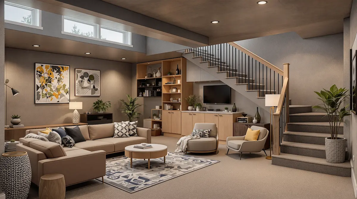 Bay Area Modern Basement with Light Oak Furniture, Concrete Walls, and Taupe Carpeted Flooring