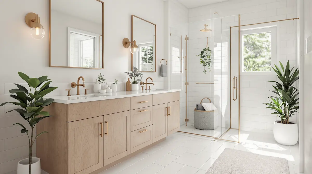 Bay Area Style Bathroom with Cream Oak Furniture, Brass Fixtures, and White Ceramic Tile Flooring