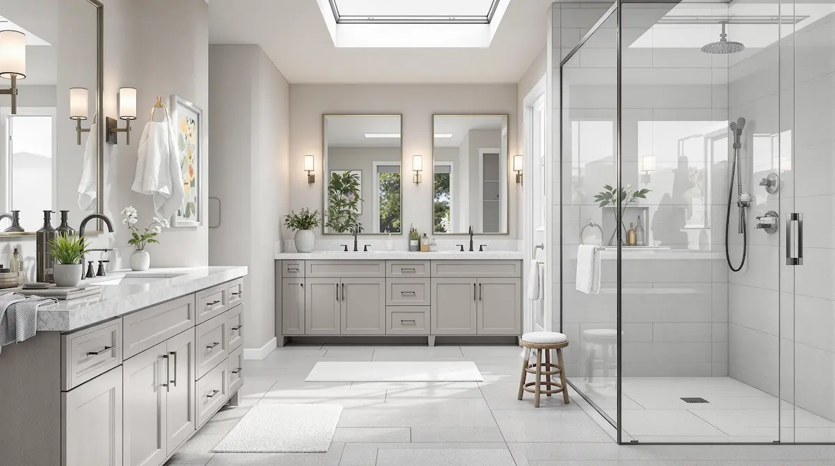 Luxurious Light Gray and Matte Steel Bay Area Style Bathroom with Maple Vanities