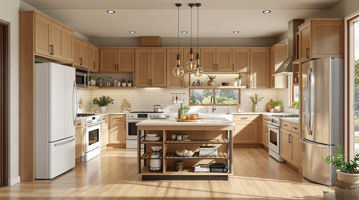 Bay Area style kitchen with light beige oak furniture, warm brown engineered hardwood flooring, and white zinc-coated steel appliances