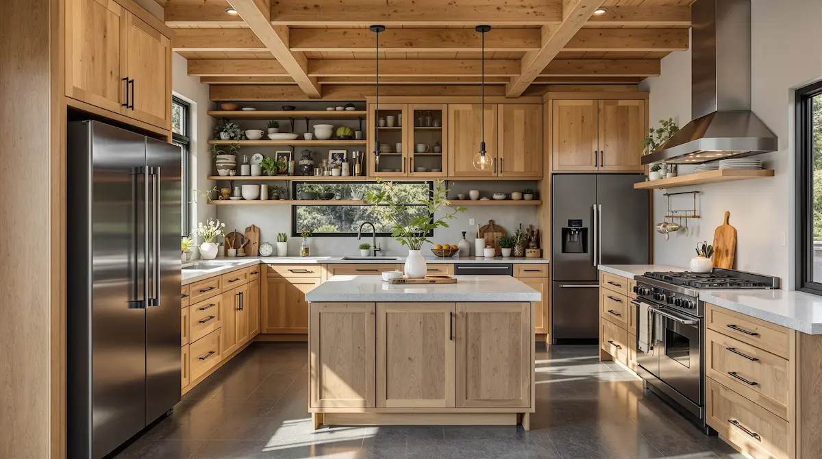 Bay Area Douglas Fir Style Kitchen with Light Brown Furniture, Concrete Charcoal Flooring