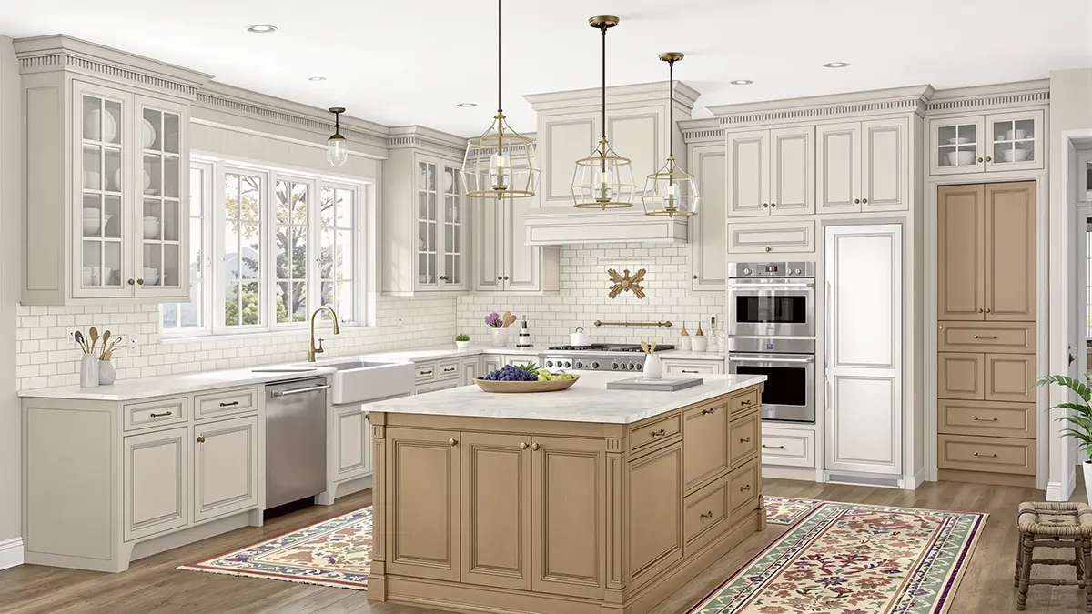 L-shaped Hampton Kitchen with White Inset Cabinetry, Taupe Island, and Brass Geometric Pendants