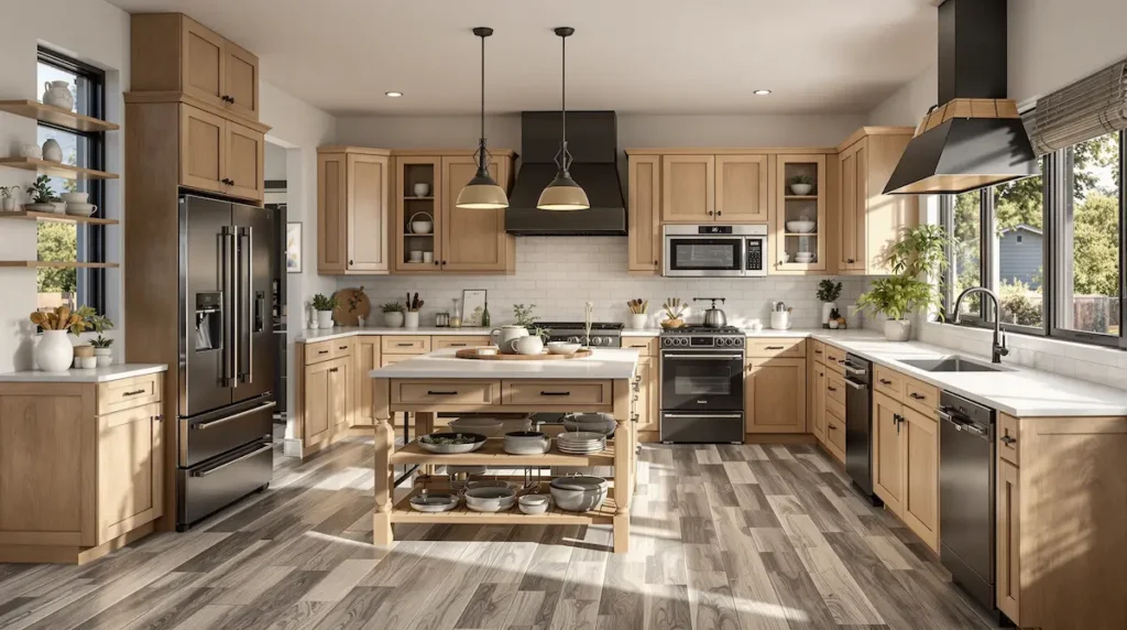 Bay Area Golden Blonde Oak Style Kitchen with Weathered Gray Engineered Hardwood and Zinc-Coated Steel Appliances